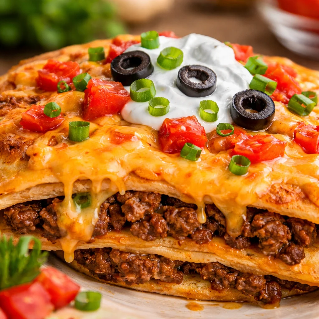 Delicious homemade Taco Bell Mexican Pizza with crispy tortillas and toppings