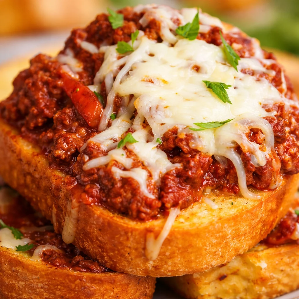 Delicious Texas Toast Sloppy Joes with melted cheese and ground beef topping