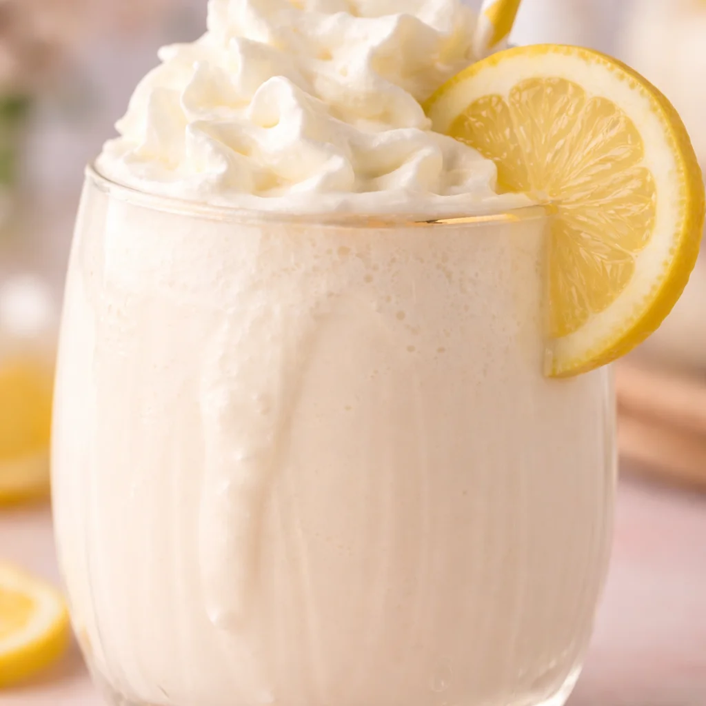 A refreshing glass of whipped lemonade with lemon slices and whipped cream on top.