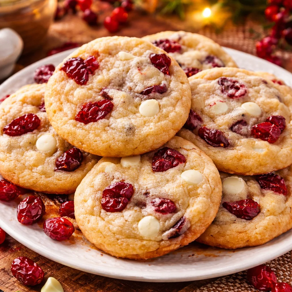 Delicious homemade white chocolate cranberry cookies with cranberries and white chocolate chips.