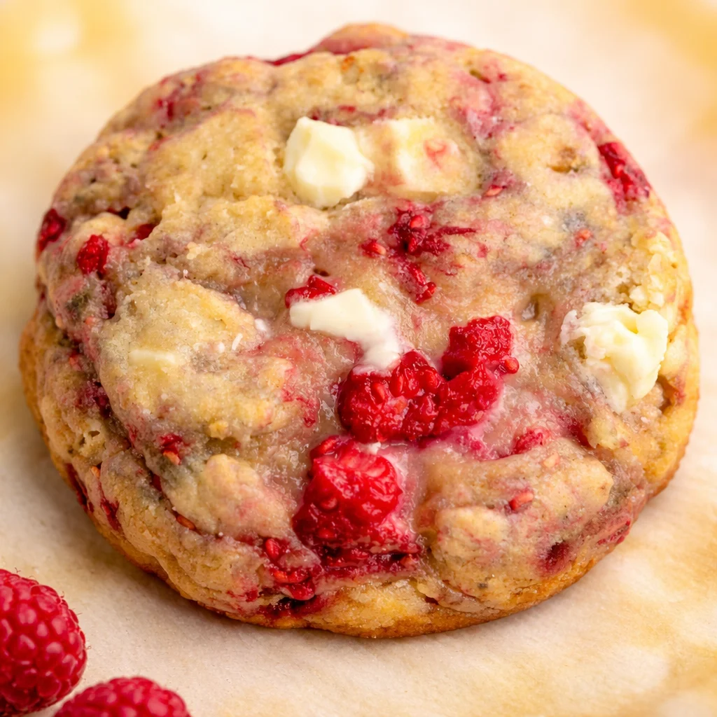 Freshly baked White Chocolate Raspberry Cookies topped with raspberries and white chocolate drizzle.
