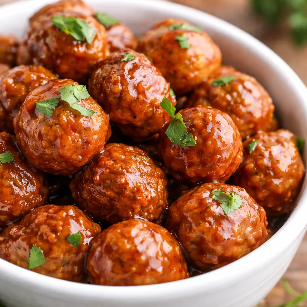 Delicious 4-Ingredient Honey BBQ Crockpot Meatballs served on a platter.