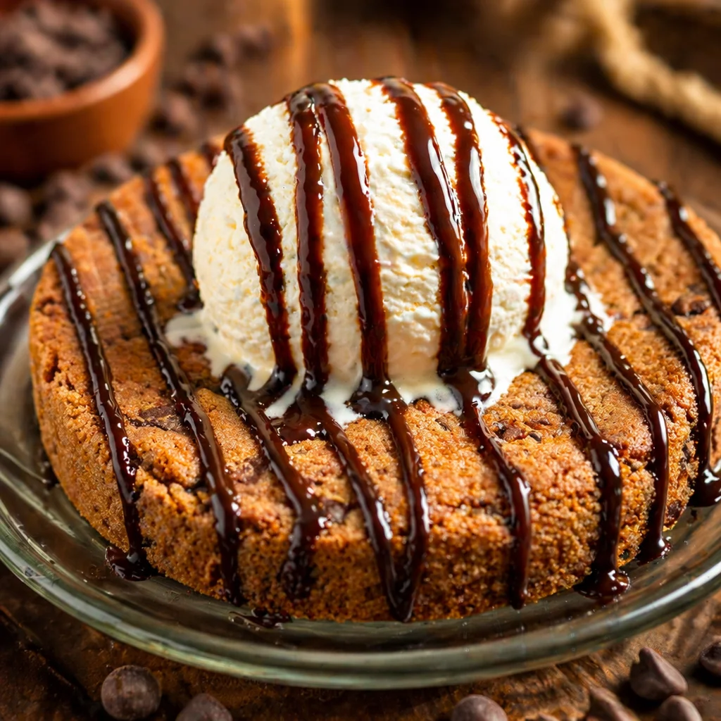 Deliciously baked Air Fryer Cookie Cake topped with ice cream and syrup.