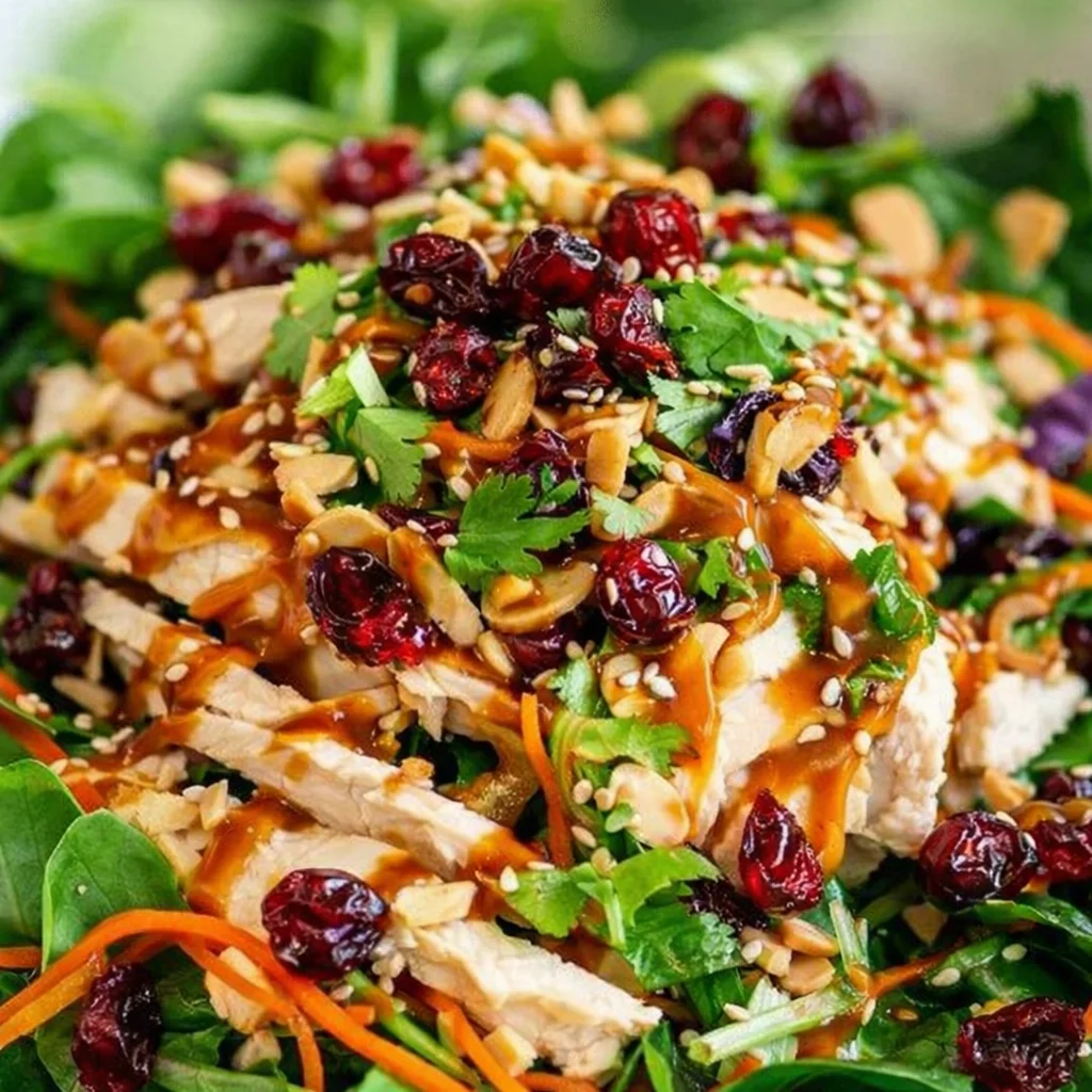 Delicious Asian Chicken Cranberry Salad with shredded chicken and sesame dressing.