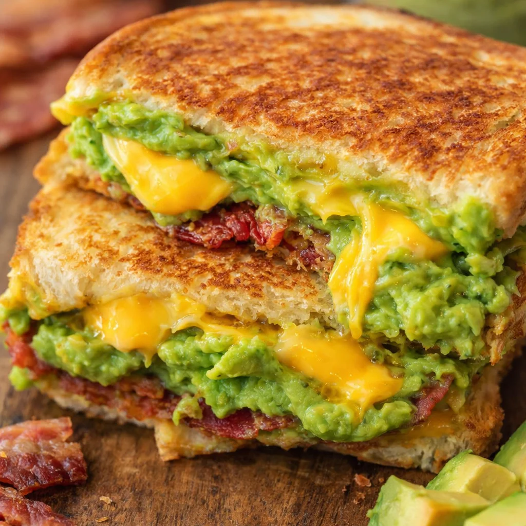 Delicious Bacon Guacamole Grilled Cheese Sandwich with crispy bacon, guacamole, and melted cheese.