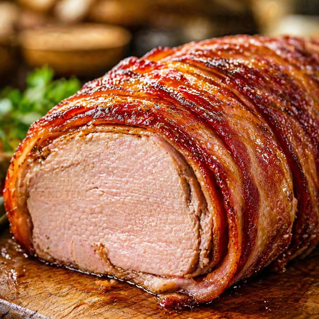 Deliciously cooked Bacon Wrapped Pork Tenderloin garnished and ready to serve.