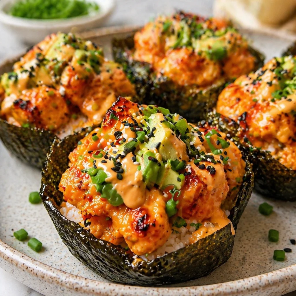 Delicious baked shrimp sushi cups made with nori, rice, and creamy sauce.