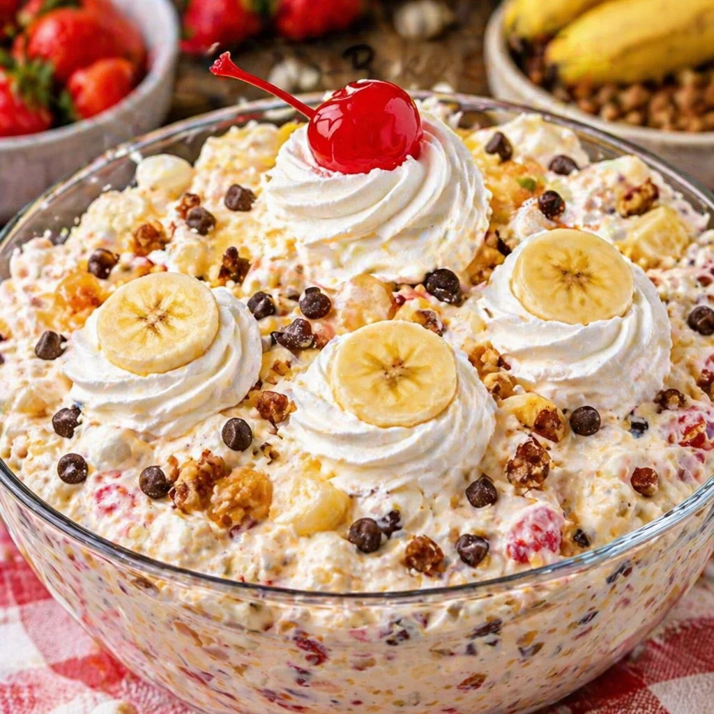 Delicious Banana Split Fluff Salad with bananas, pineapple, and whipped cream.