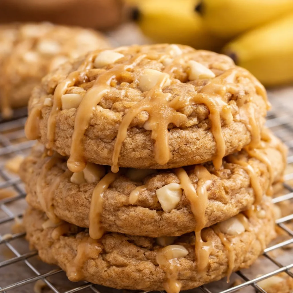 Delicious Bananas Foster Cookies with caramelized bananas and brown sugar topping.