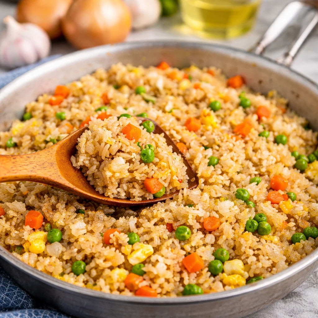 Bowl of Better Than Takeout Chinese Fried Rice with chicken and vegetables