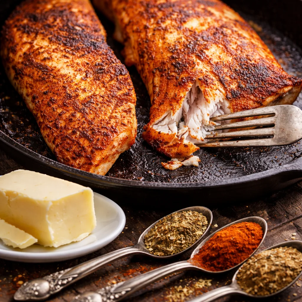 Deliciously seasoned Blackened Redfish fillets cooked in a skillet.