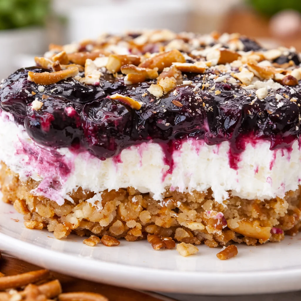Delicious Blueberry Pretzel Salad with crunchy crust and creamy cheese filling.