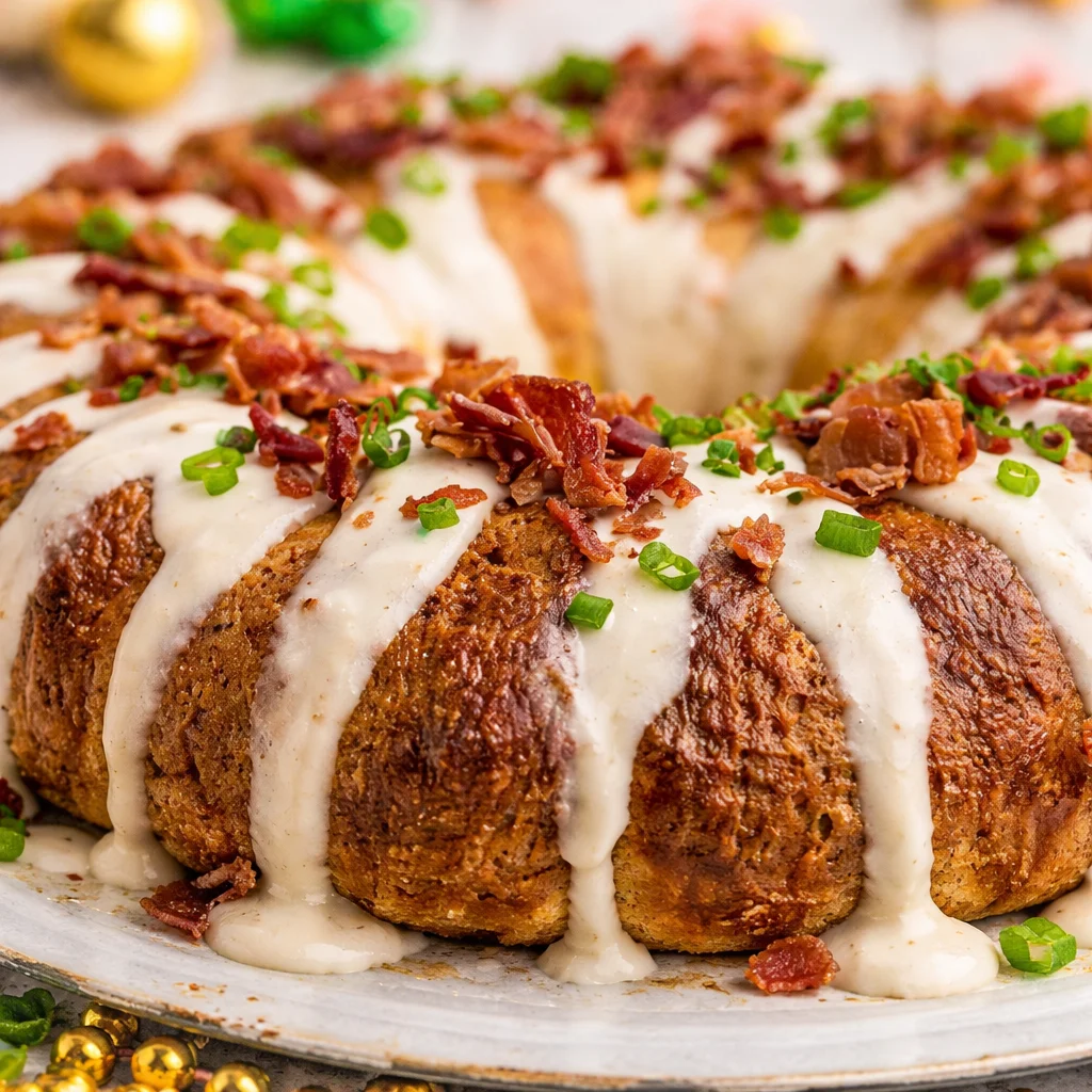 Savory Boudin King Cake filled with boudin sausage, pepper jack cheese, and spicy Cajun seasonings.