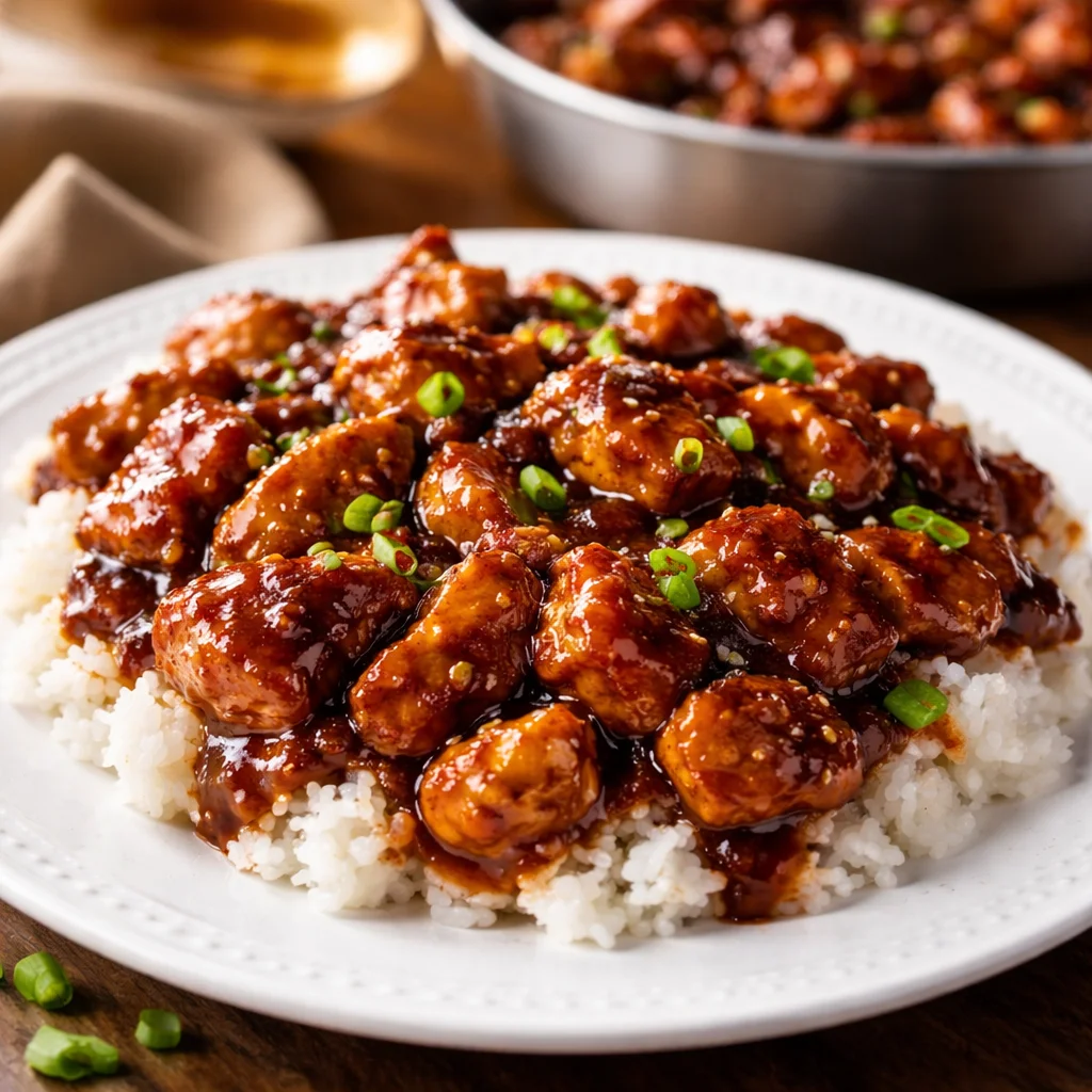 Delicious Bourbon Chicken with saucy marinade, served over rice for a quick meal.