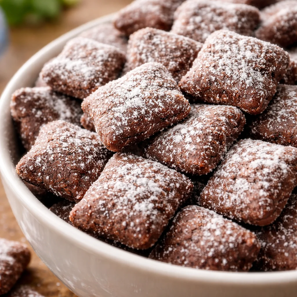 Delicious Brownie Batter Puppy Chow, a rich and chocolatey snack mix.