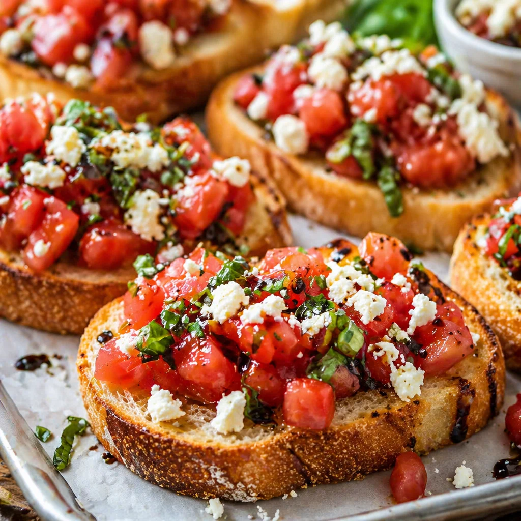 Delicious classic bruschetta appetizer topped with fresh tomatoes and basil