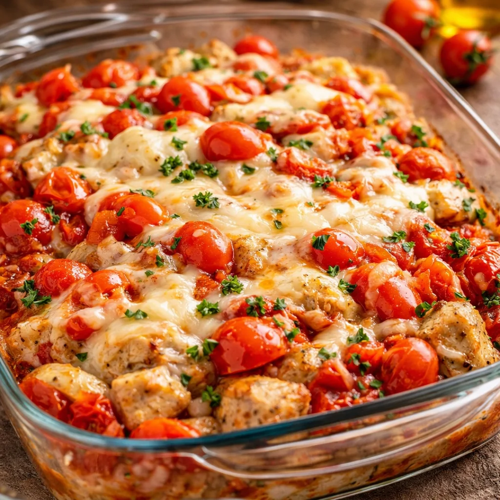 Delicious Bruschetta Chicken Bake topped with fresh tomatoes and cheese