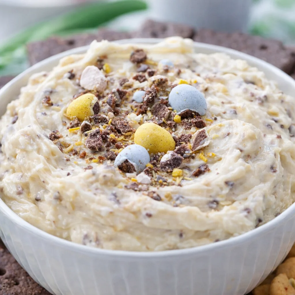 Creamy Cadbury Mini Egg Dip with crushed candy eggs, perfect for Easter celebrations.