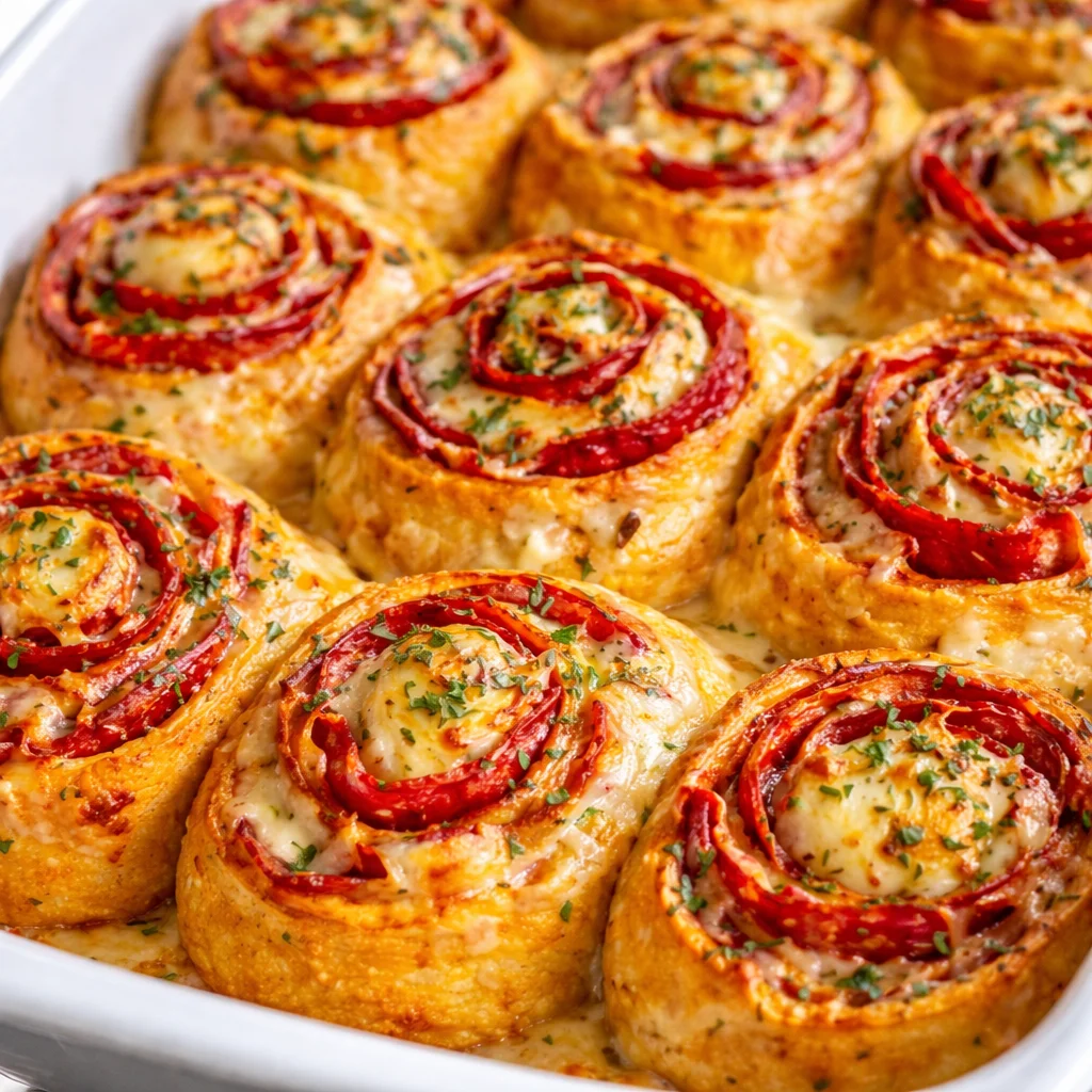 Delicious cheesy pizza pinwheels with mozzarella and pepperoni, baked to perfection.