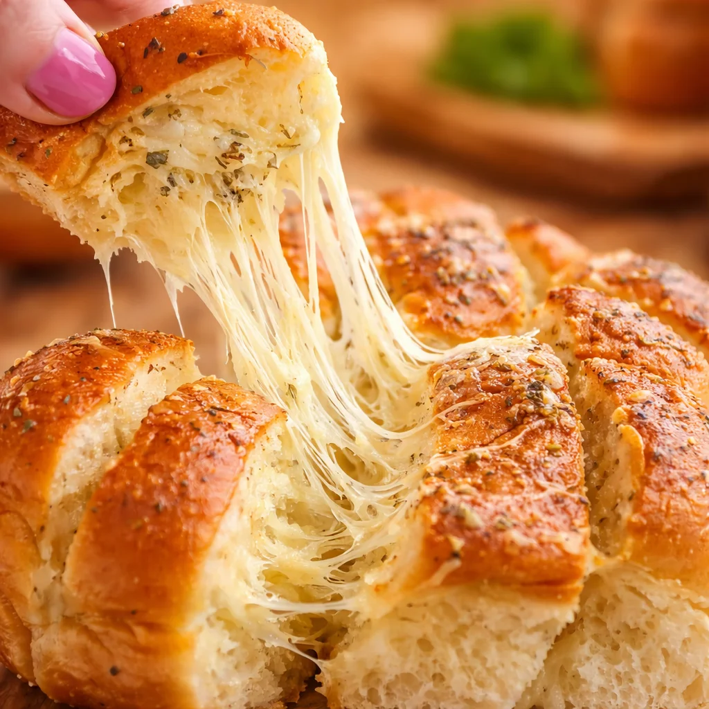 Cheesy Pull-Apart Garlic Bread with melted cheese and garlic butter, freshly baked.