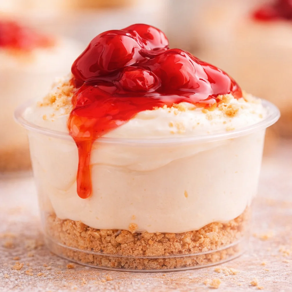 Delicious Cherry Cheesecake Shots served in elegant glasses with cherry topping.