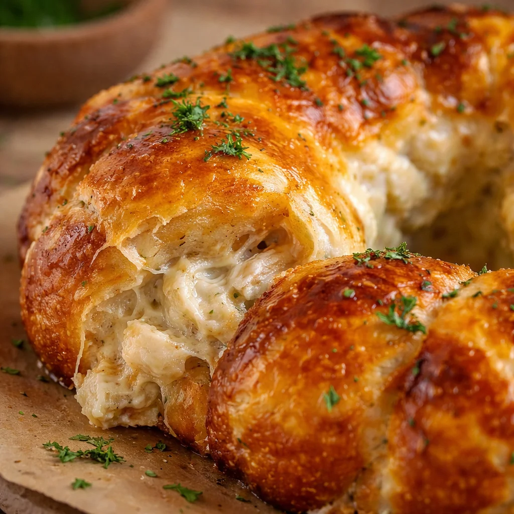 Savory Chicken Alfredo Monkey Bread with pizza dough, chicken, and Alfredo sauce.
