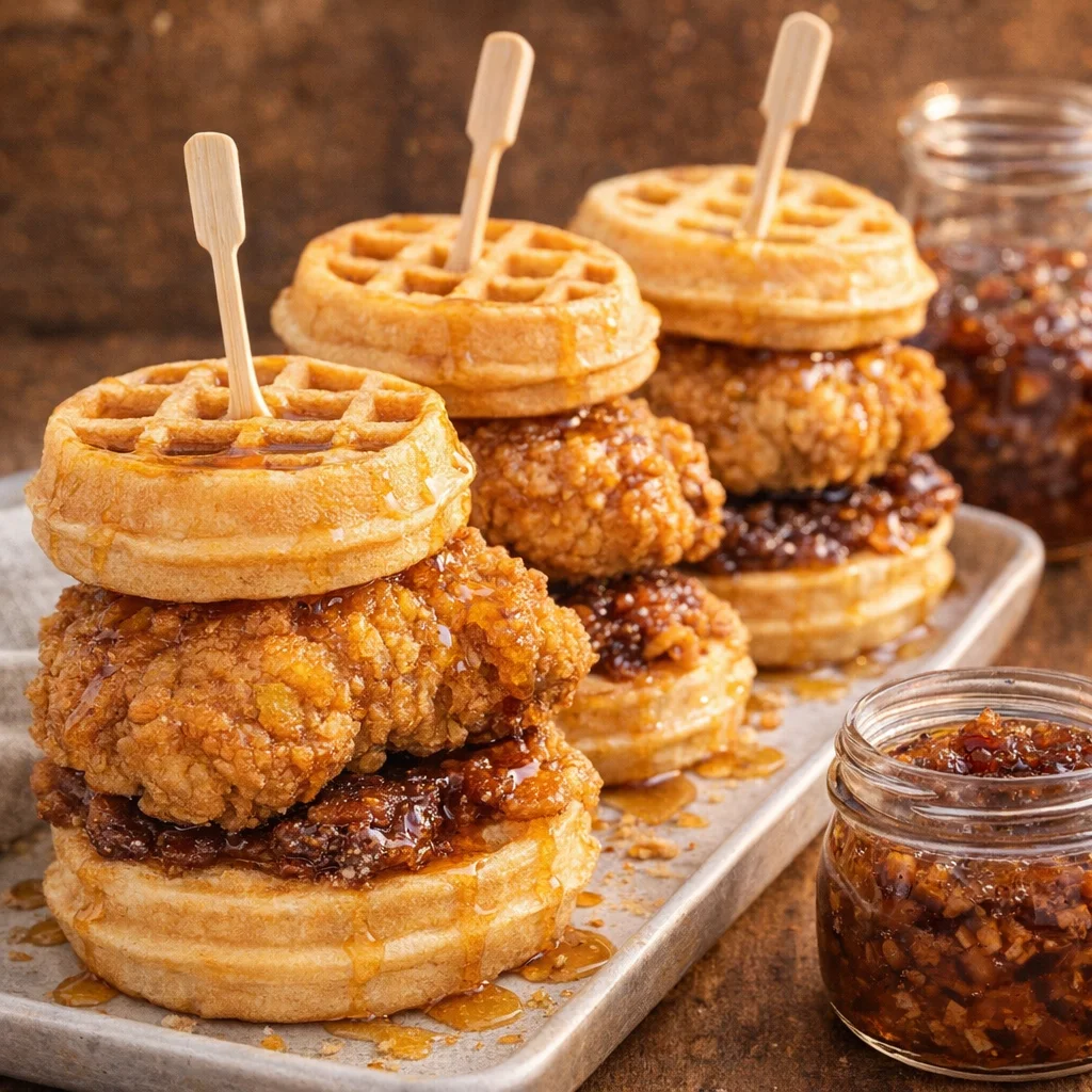 Delicious Chicken and Waffle Sliders served with honey drizzle and crispy textures.