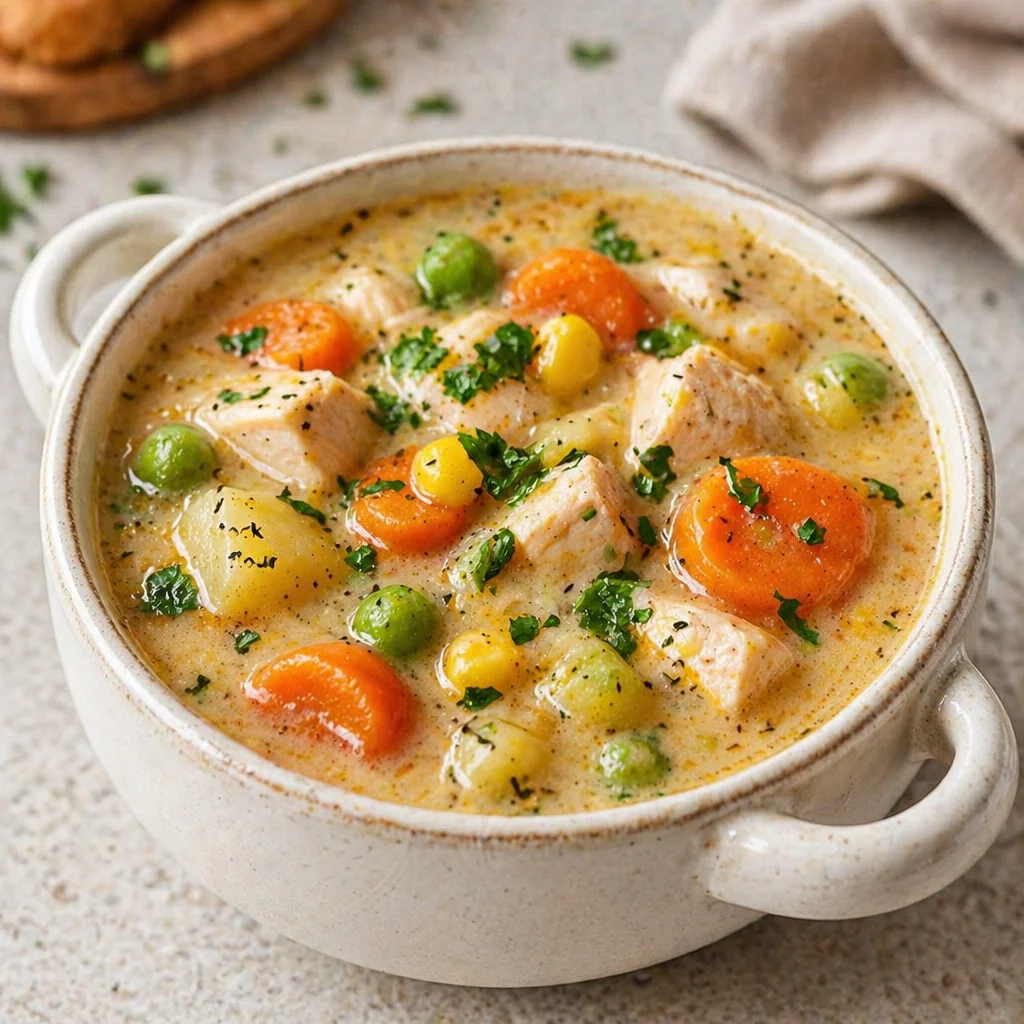 Delicious bowl of creamy Chicken Pot Pie Soup with vegetables and chicken.