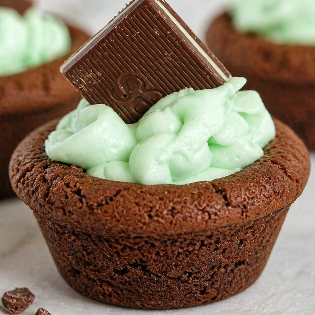 Chocolate Mint Cookie Cups filled with creamy mint frosting and topped with Andes mint.