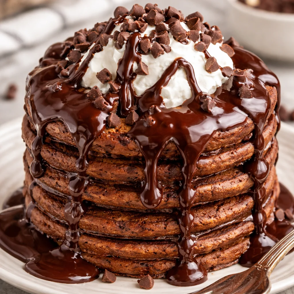 Fluffy chocolate pancakes topped with chocolate chips and drizzled with chocolate sauce.