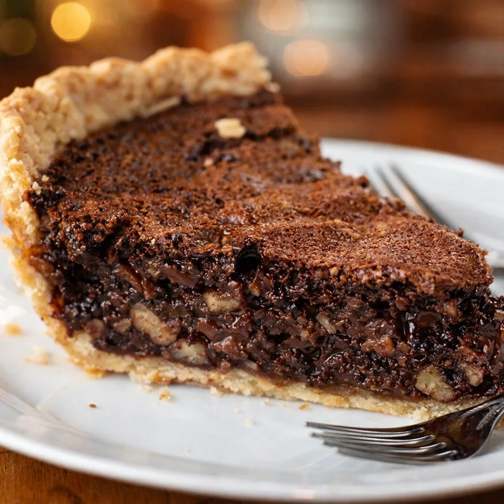Decadent Chocolate Pecan Pie with rich filling and buttery pecans.