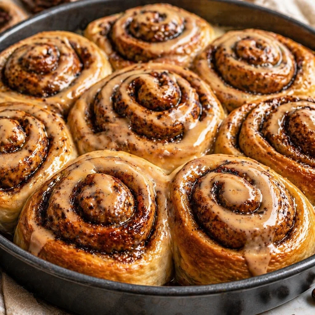 Fluffy coffee cinnamon rolls topped with creamy coffee glaze and espresso filling