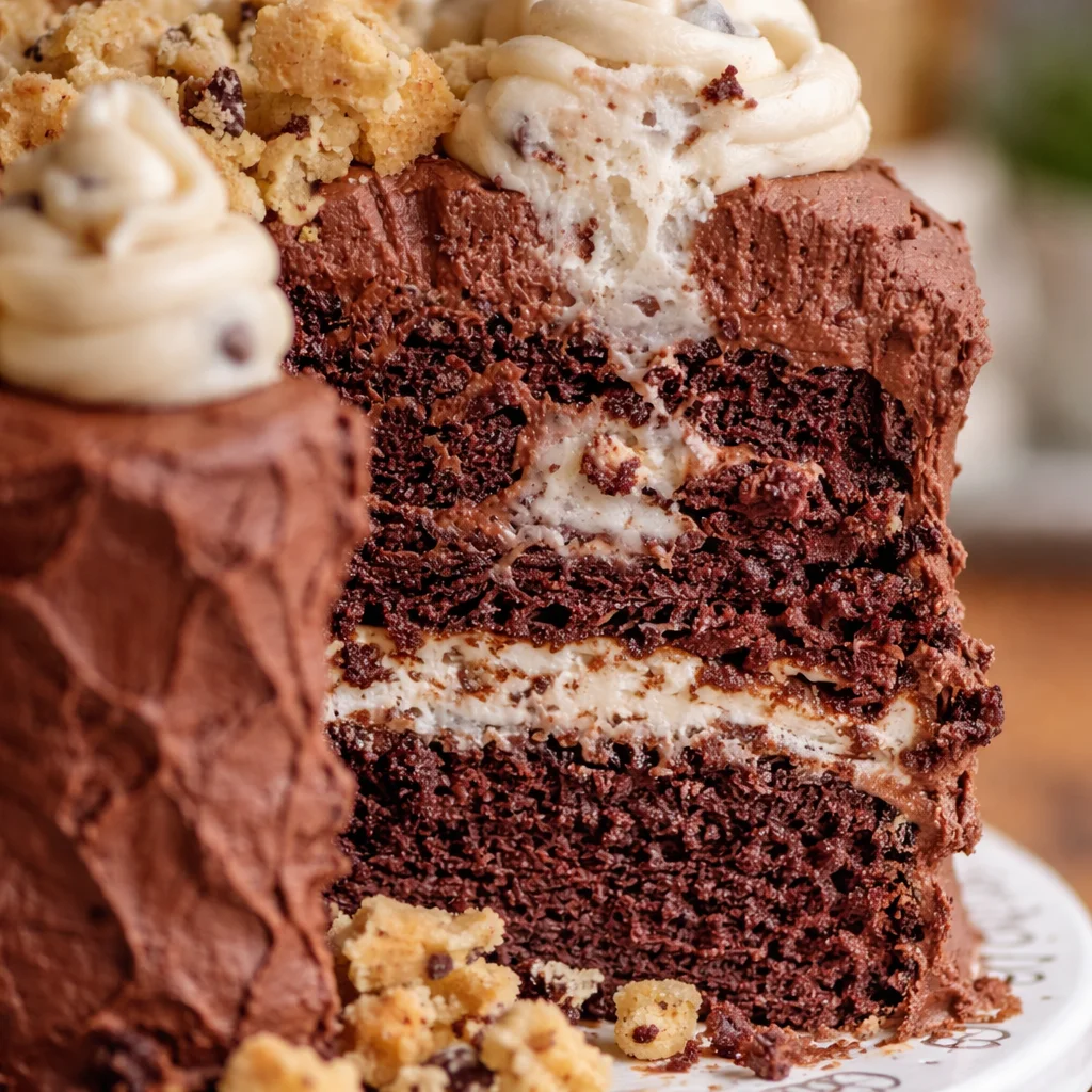 Decadent Cookie Dough Cake with layers of chocolate cake and edible cookie dough frosting.