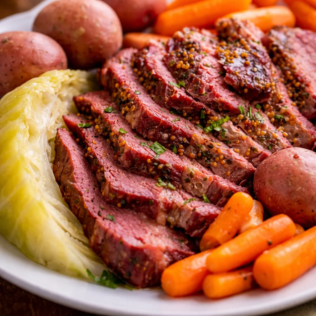 Delicious corned beef and cabbage meal prepared in a slow cooker.