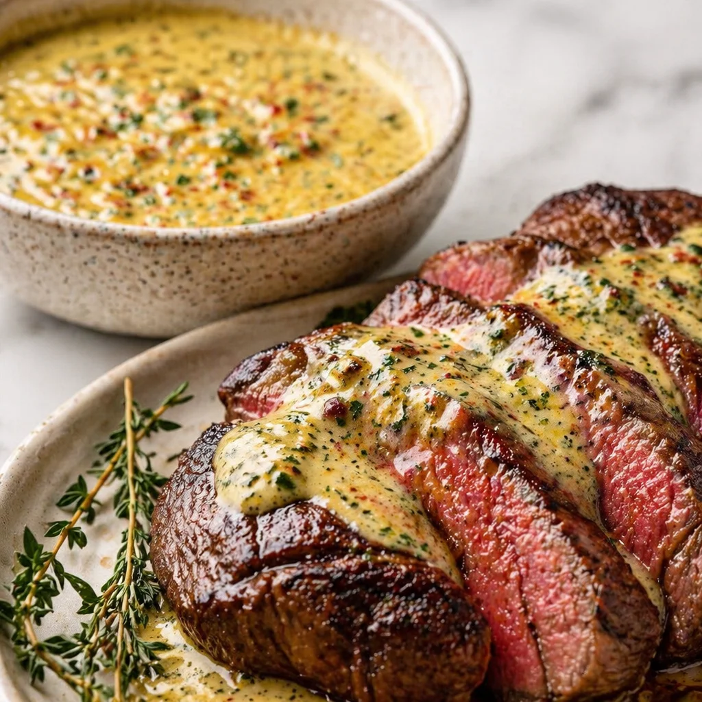 Delicious Cowboy Butter Sauce served with steak for a flavorful dipping experience