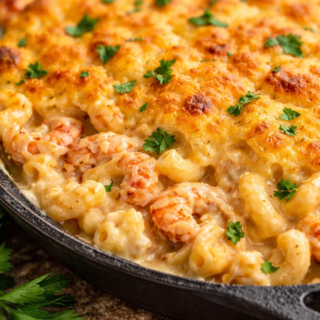 Delicious bowl of Crawfish Mac and Cheese topped with cheesy goodness and crawfish tails.