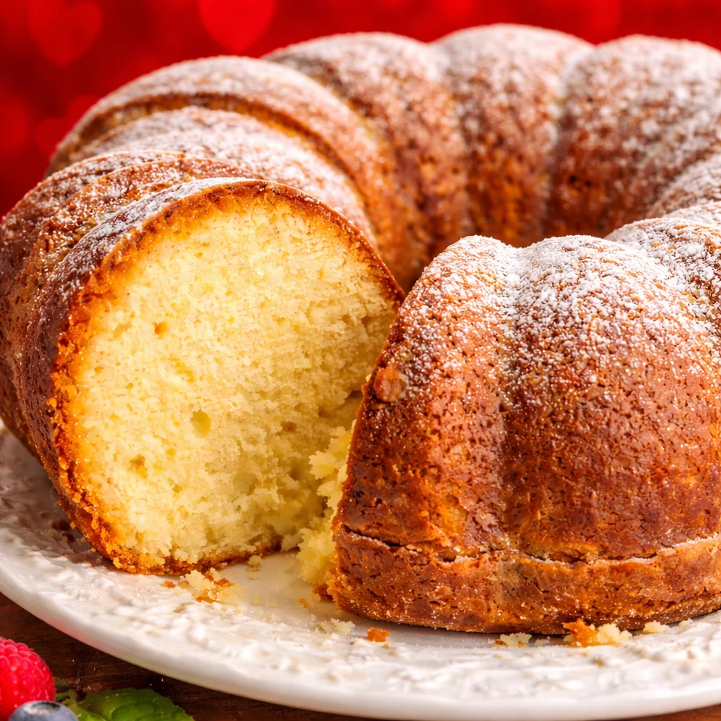 Moist and delicious Cream Cheese Pound Cake displayed with a crispy outer crust.