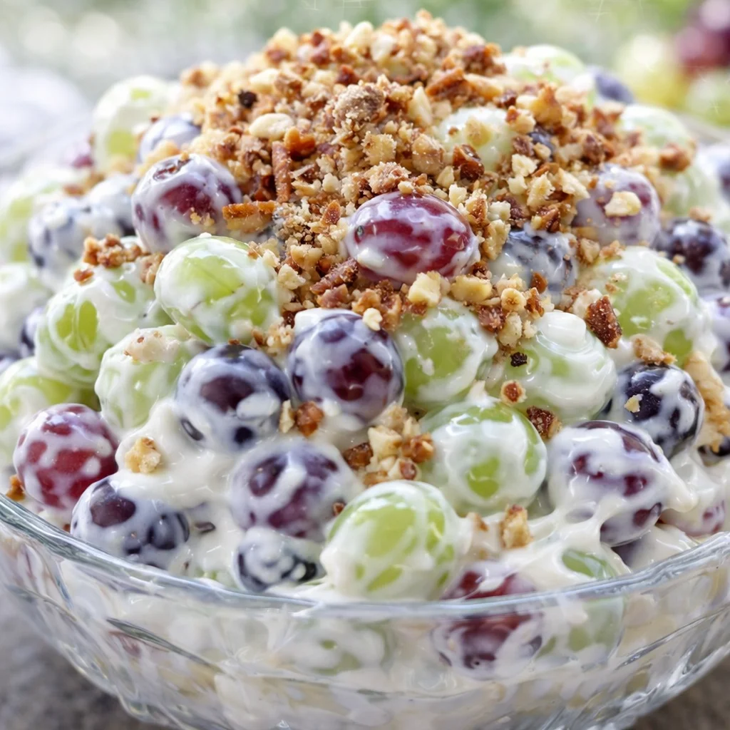 Creamy Grape Salad with grapes, cream cheese, and crunchy pecans in a serving dish.