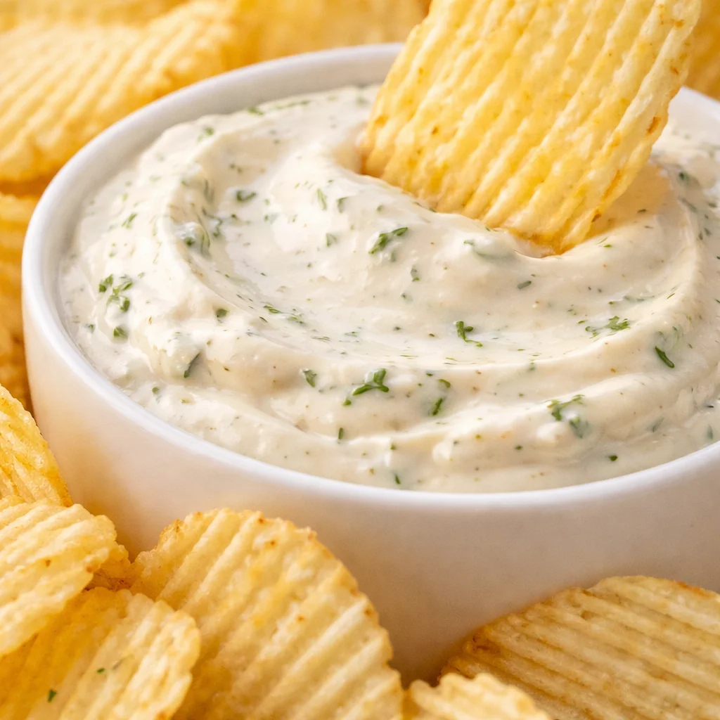 Creamy Herb and Garlic Chip Dip served with crunchy chips and fresh veggies