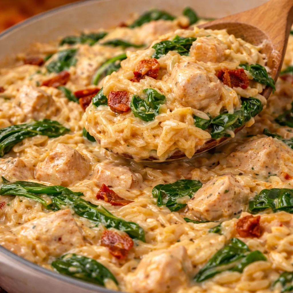 Creamy Parmesan Chicken Orzo served in a skillet with spinach and garlic.