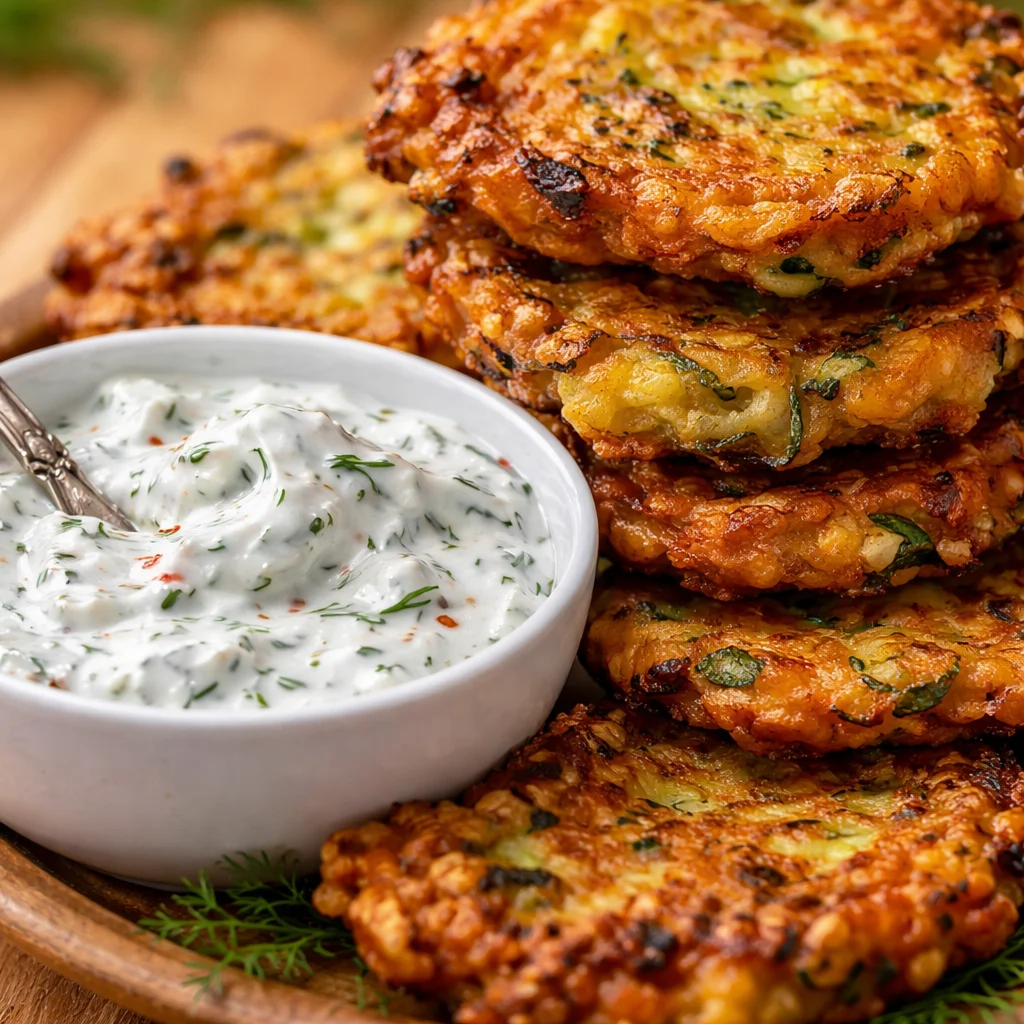 Plate of crispy zucchini fritters served with dipping sauce