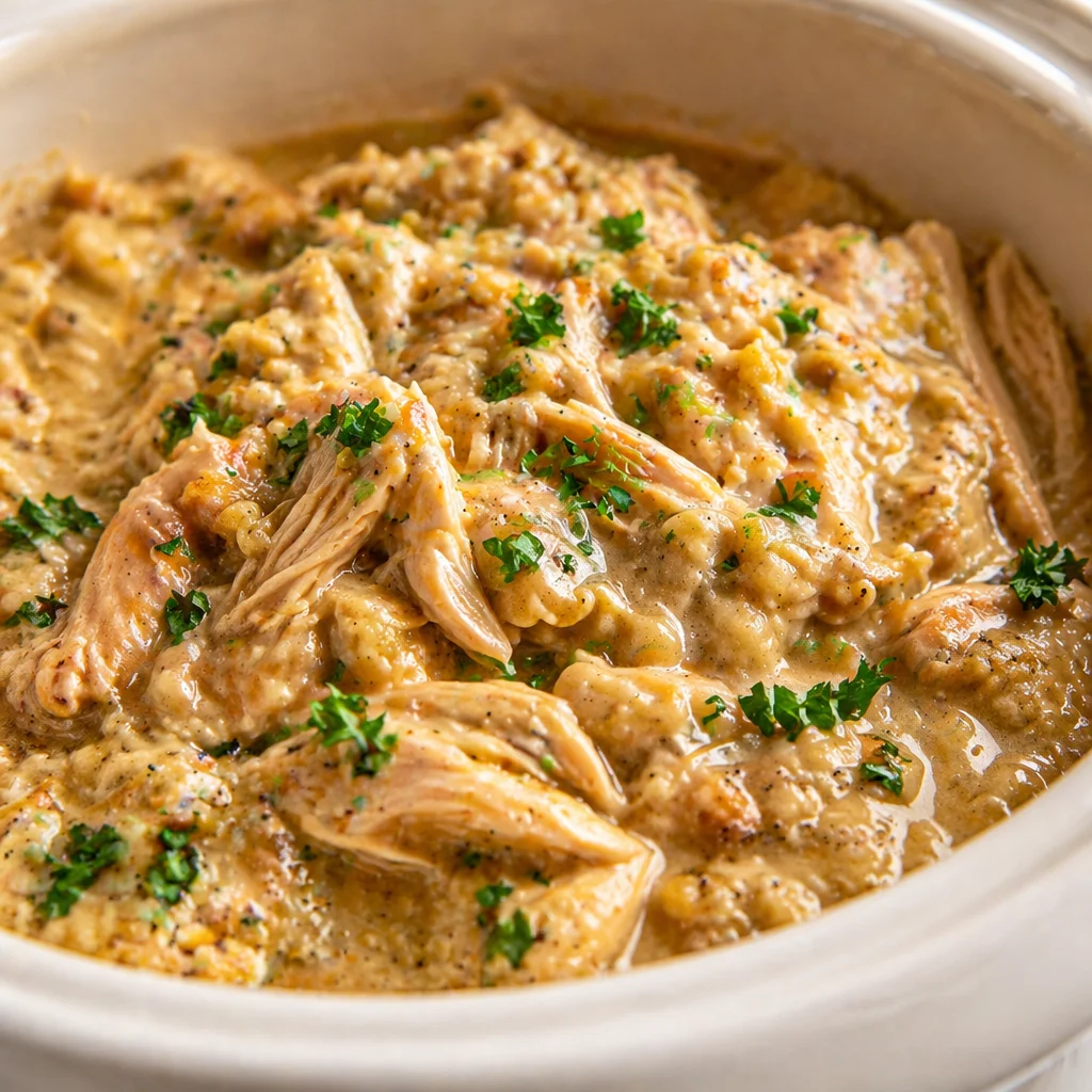 Creamy Crock Pot Chicken and Stuffing served with green beans, a comforting family meal.