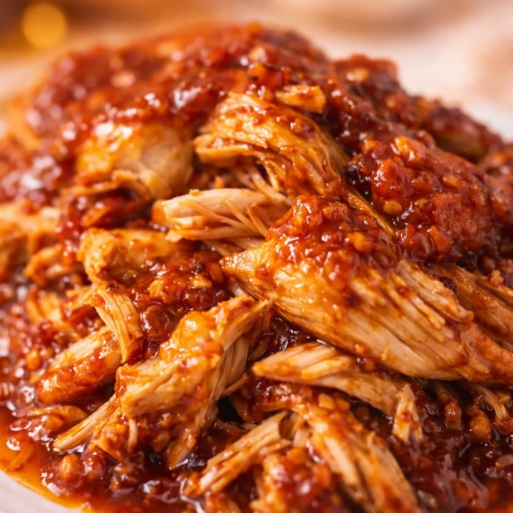 Crock Pot Fireball Chicken with homemade whiskey sauce served on a plate.