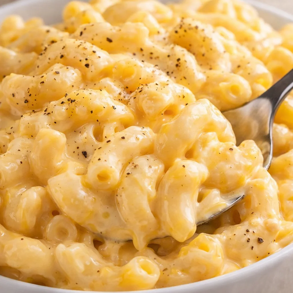 Creamy CROCK-POT Mac & Cheese served in a bowl with melted cheese on top.