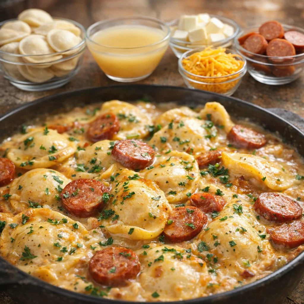 Delicious Crock pot Pierogi Casserole with frozen cheese pierogies and kielbasa.