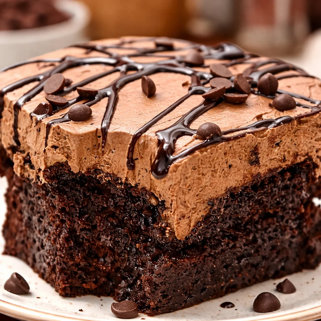 Death By Chocolate Poke Cake with rich chocolate pudding and whipped topping