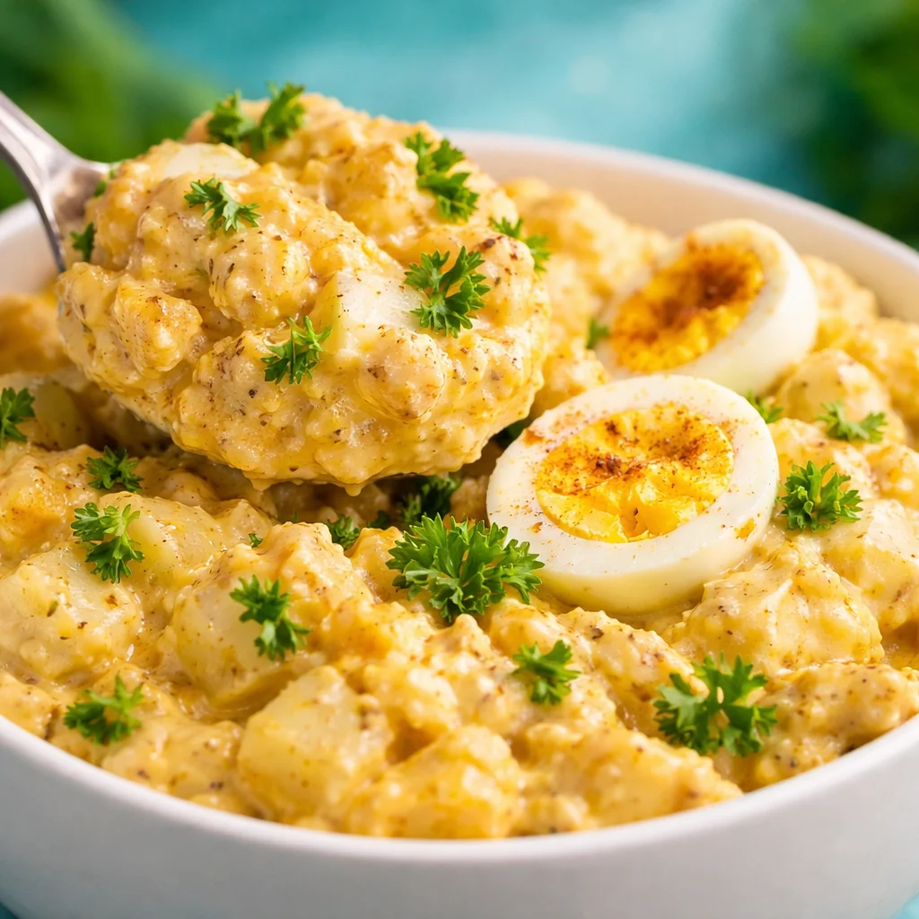Deviled Egg Potato Salad served in a bowl with greens and paprika garnish.
