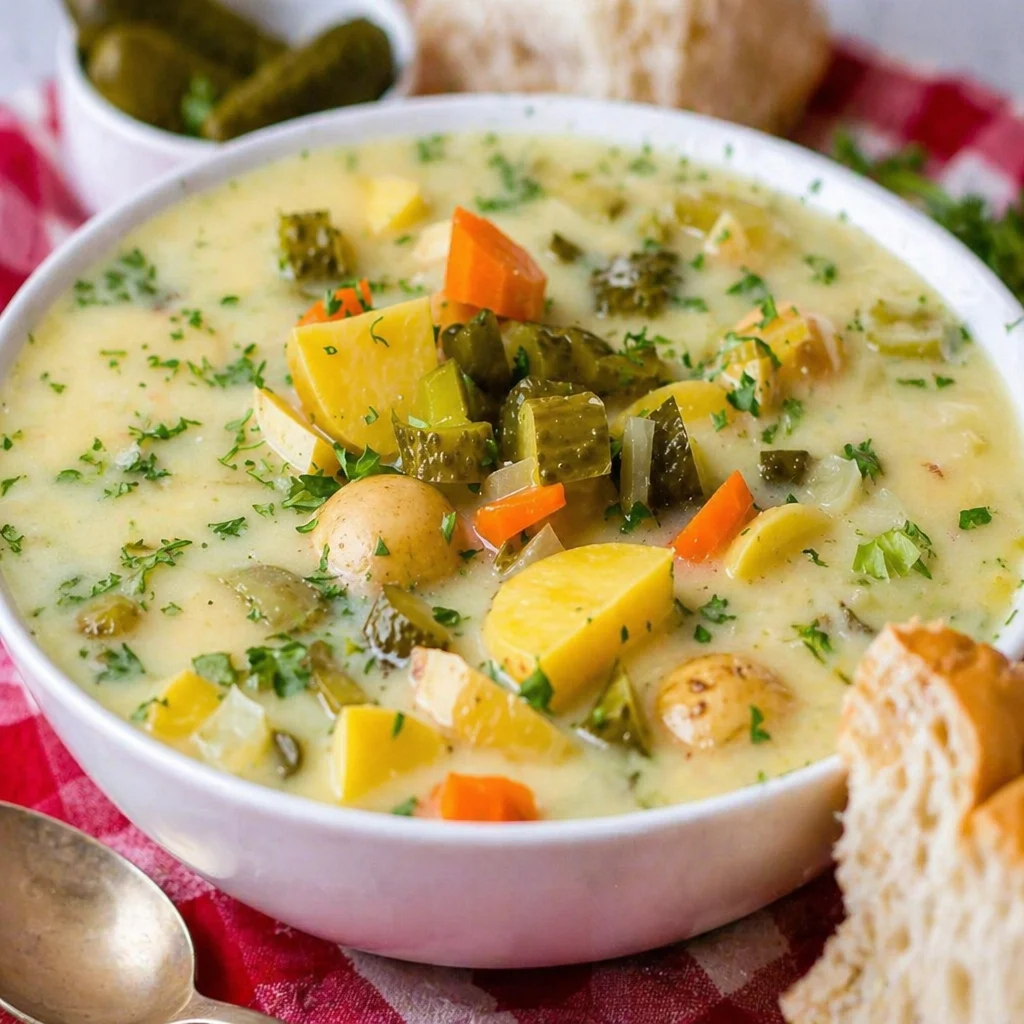 Bowl of creamy Dill Pickle Soup with potatoes and dill pickles, garnished with fresh herbs.