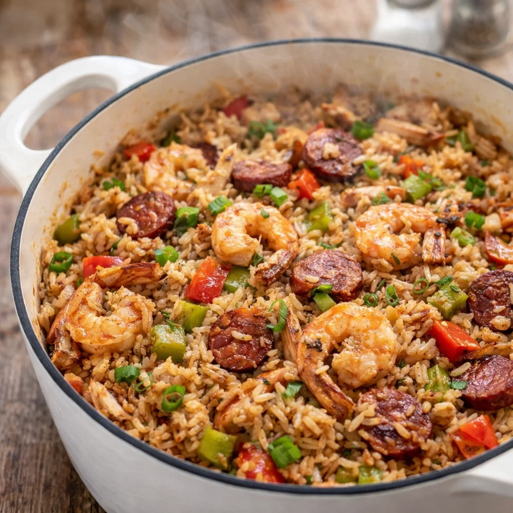 Delicious Dutch Oven Jambalaya with shrimp, sausage, and vibrant spices in a one-pot dish.