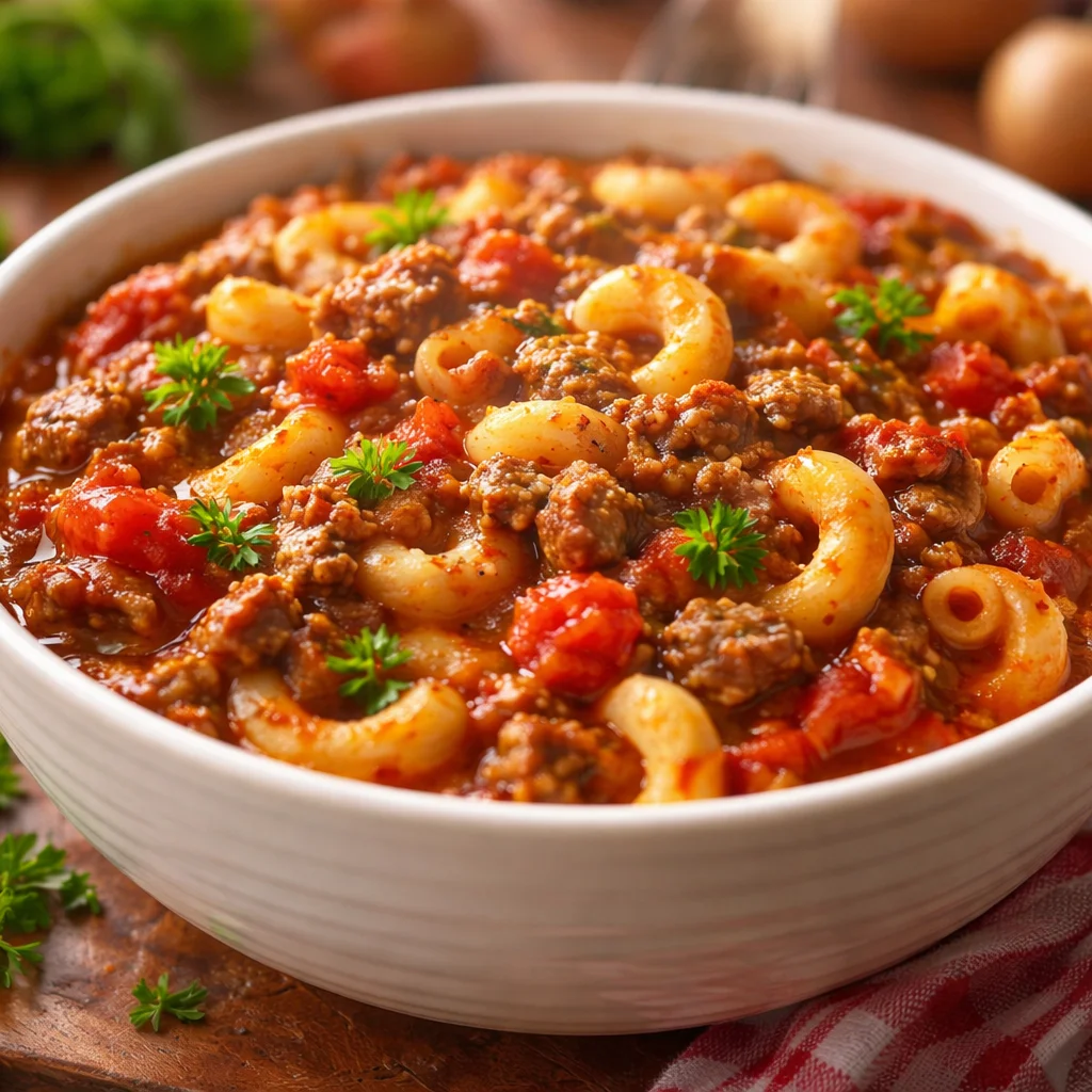 Easy goulash recipe featuring ground beef and pasta in a rich tomato sauce